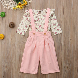 Girls Fall Jumpsuit with Floral Ruffle Top Overalls Pink - Baby Kisses, Snuggles and Giggles