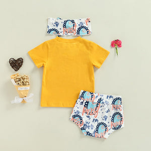 Causal Cute ”Beth Dutton” Print T-shirt & Letter Floral Print Shorts & Bow Headband - Baby Kisses, Snuggles and Giggles