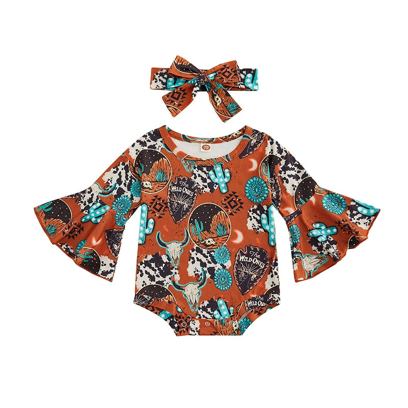 Hyland Cow Print Flare Sleeve Body Suit & Headband - Baby Kisses, Snuggles and Giggles
