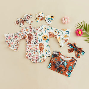 Hyland Cow Print Flare Sleeve Body Suit & Headband - Baby Kisses, Snuggles and Giggles