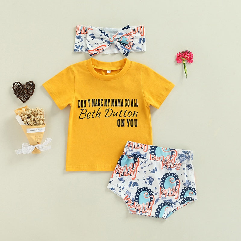 Causal Cute ”Beth Dutton” Print T-shirt & Letter Floral Print Shorts & Bow Headband - Baby Kisses, Snuggles and Giggles